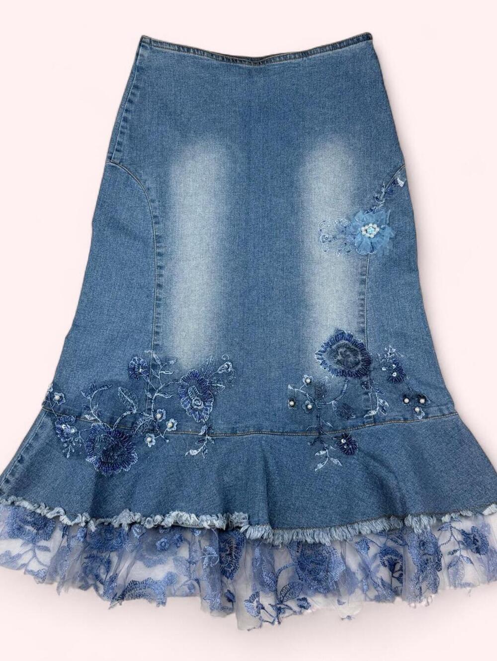 West 36th fairy blue denim skirt with blue floral embroidery and lace trim